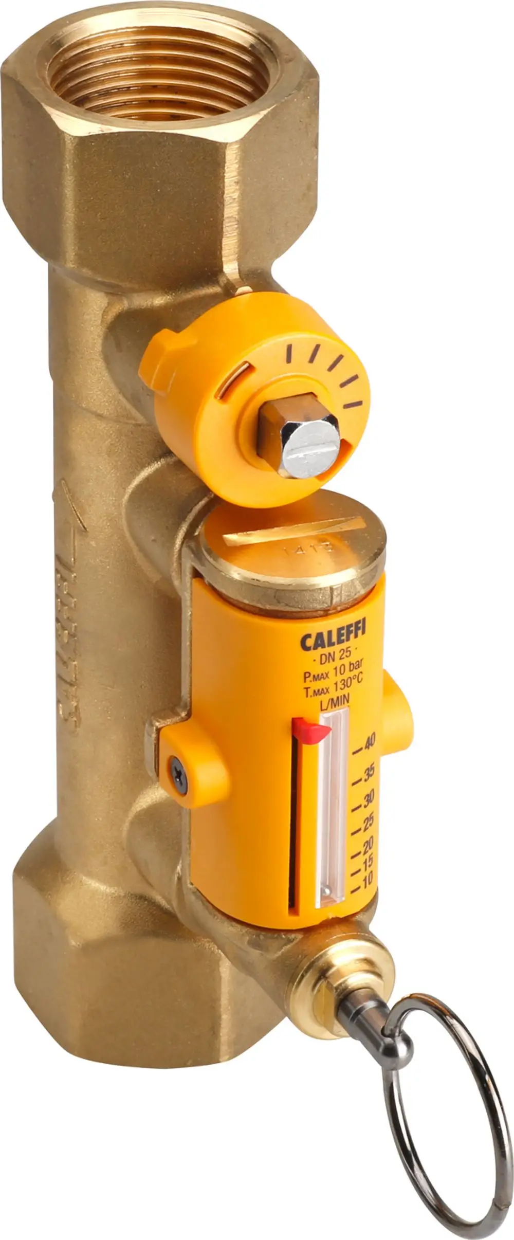 Durchflussmengenbegrenzer aus Messing mit sichtbar gelbem Regler und integrierter Skala. Produkt von Bosch, geeignet für Heizungs- oder Kühlsysteme.